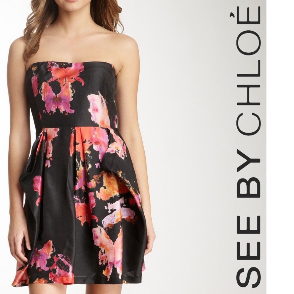 See by Chloe 100% Silk Floral Strapless Mini Dress